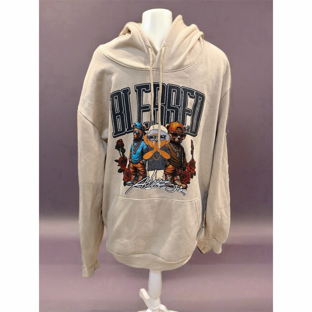 Hustle Gang Blessed Graphic Pullover Hoodie Mens L Beige Streetwear